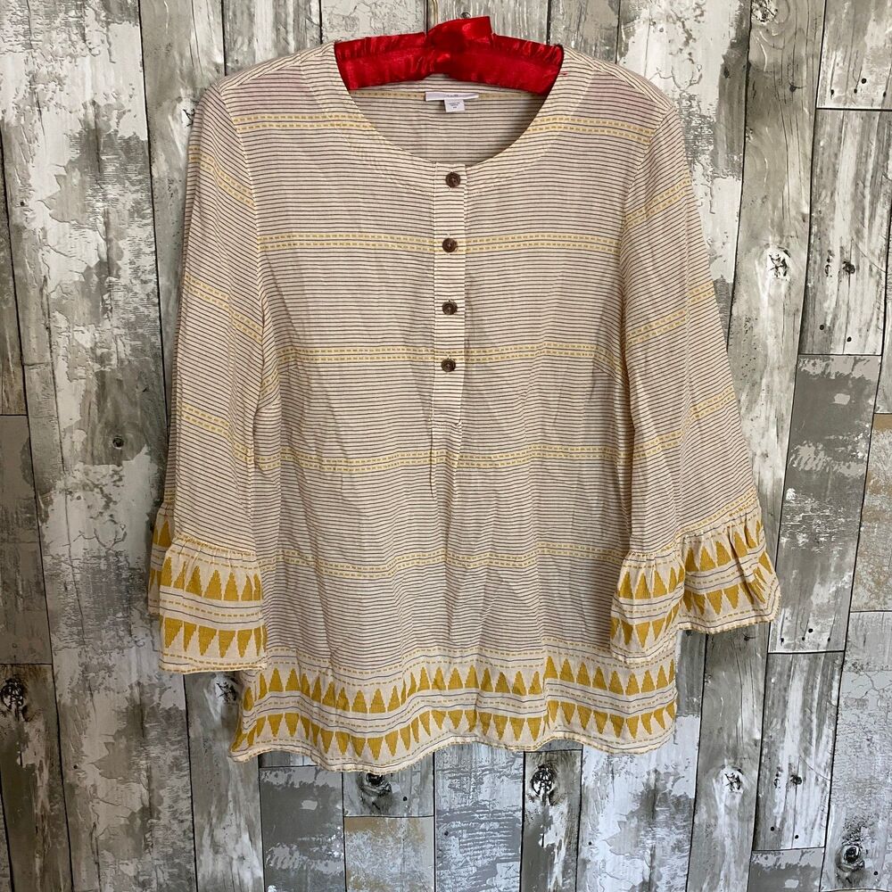 J.Jill cream and gold print half button top 3/4 sleeve XS